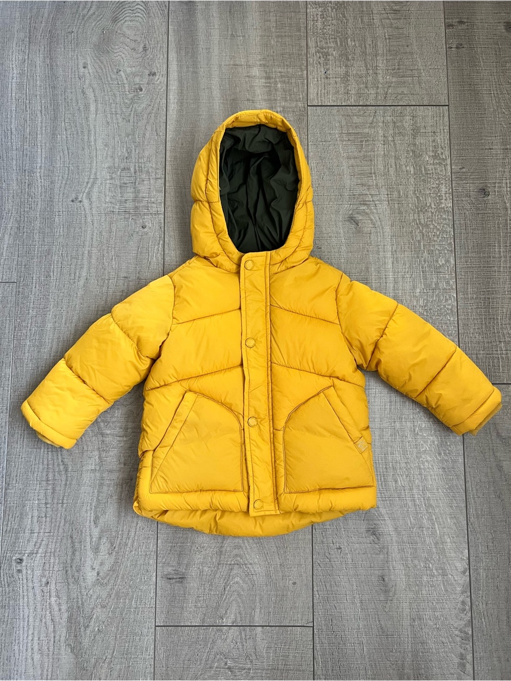 Zara Kids Hooded Puffer Jacket - Yellow with Olive Lining